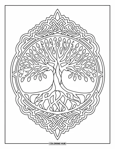 Dibujo de mandalas para colorear para adultos: Árbol de la vida central con raíces intrincadas y patrones alrededor