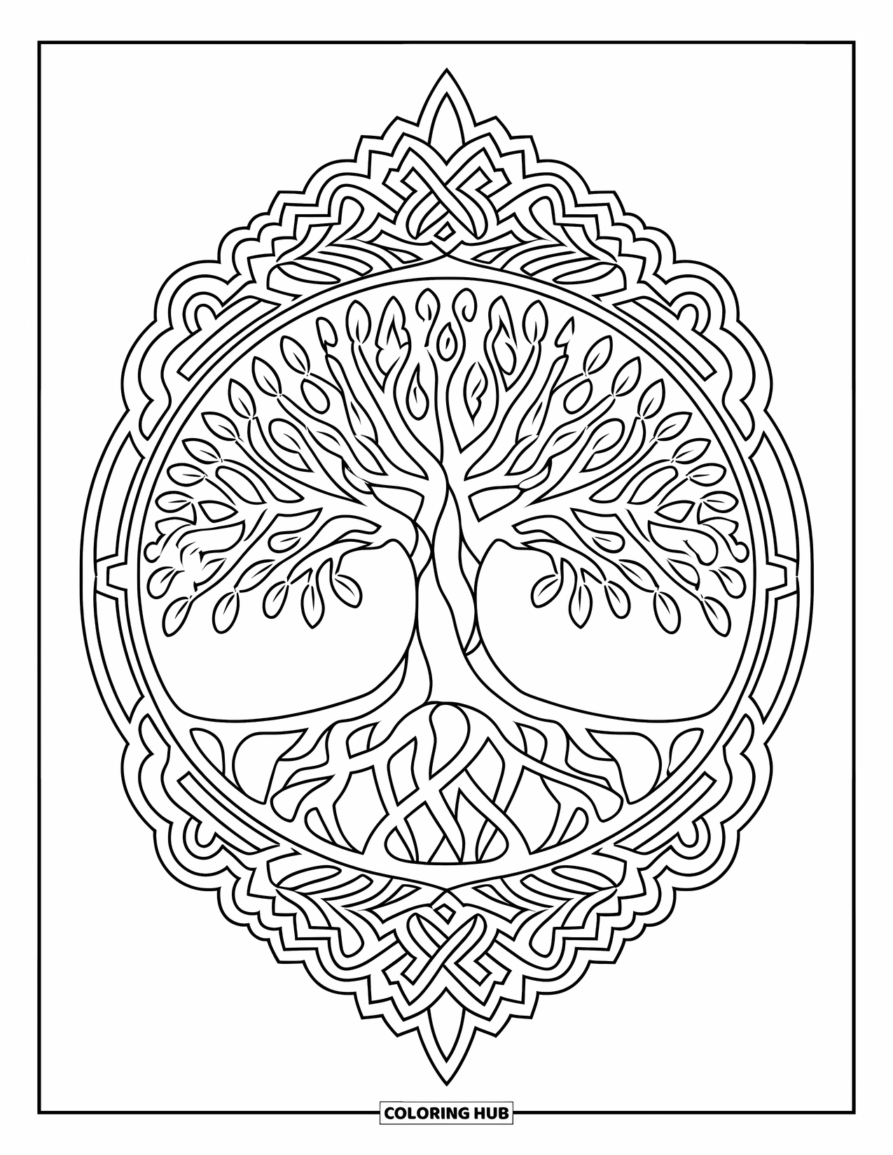 Mandala Coloring Page for Adults: Central tree of life with intricate roots and surrounding patterns