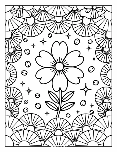 Dibujo de mandalas para colorear para adultos: Flor de cerezo en el centro con abanicos plegados, destellos y sombrillas en anillos suaves