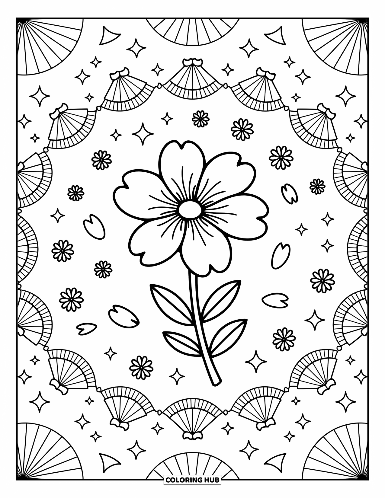 Mandala Coloring Page for Adults: Cherry blossom mandala with parasols, fans, and falling petals in cute floral loops