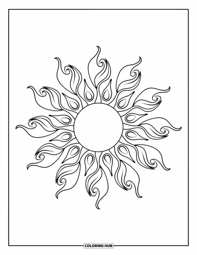 Dibujo de mandalas para colorear para adultos: Mandala circular de sol con llamas y delicados detalles de enredaderas