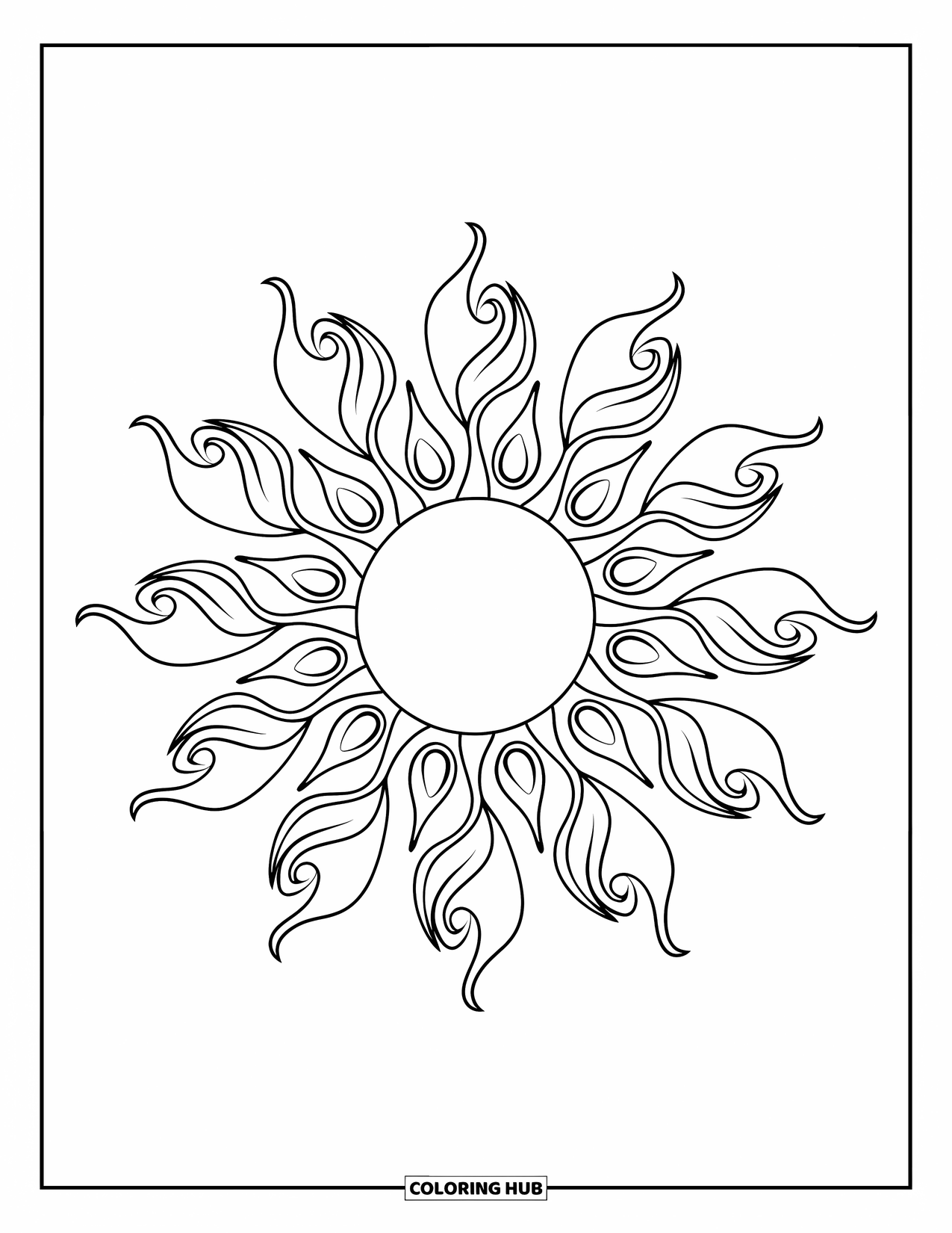 Mandala Coloring Page for Adults: Circular sun mandala with flames and delicate vine details