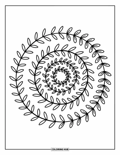 Dibujo de mandalas para colorear para adultos: Enredaderas trepadoras forman anillos con helechos y suaves bucles de hojas