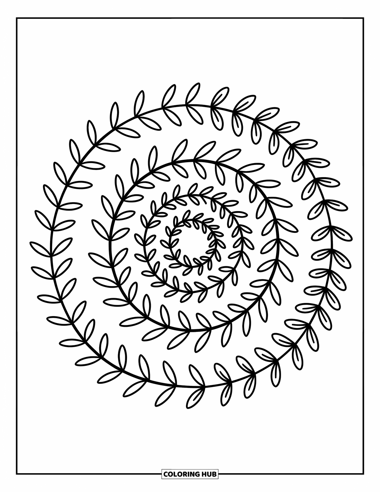 Mandala Coloring Page for Adults: Climbing vines form rings with ferns and soft leafy loops