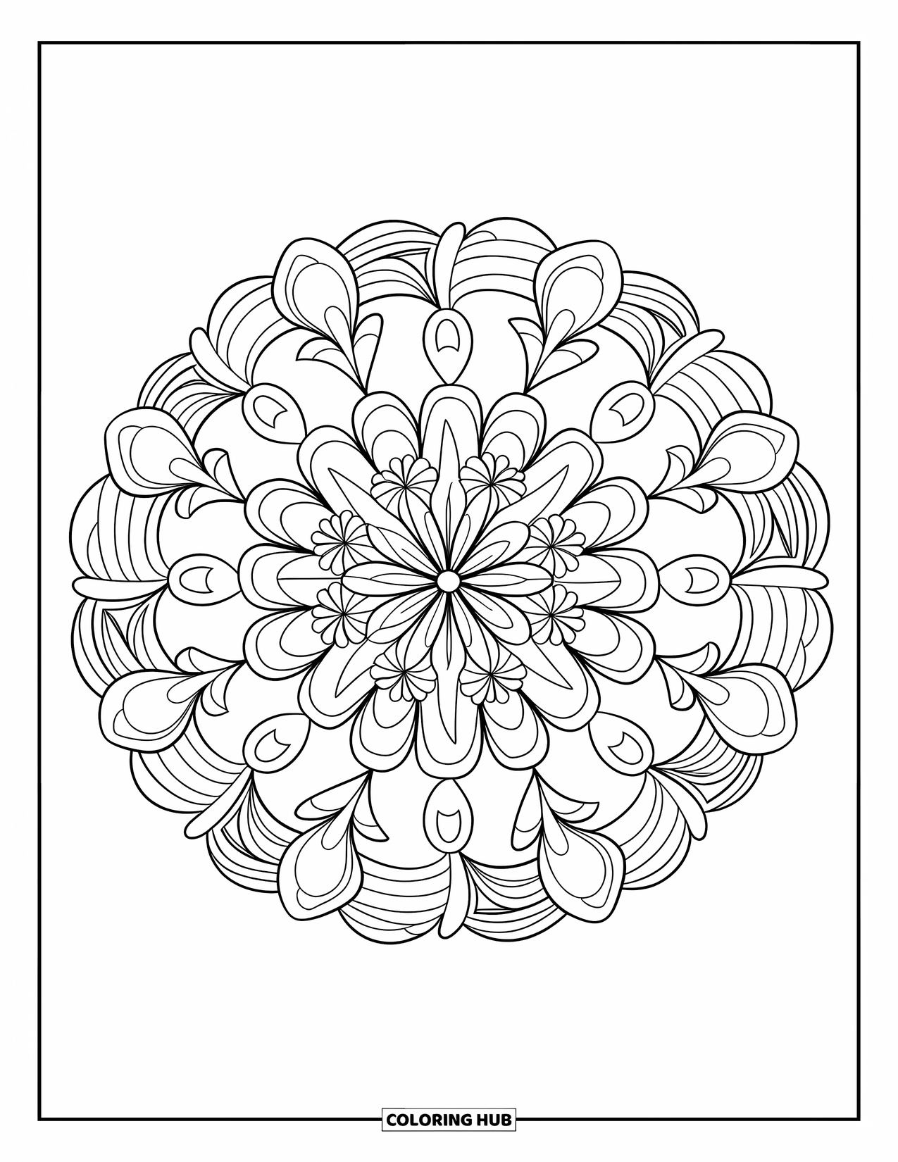 Mandala Coloring Page for Adults: Concentric floral mandala with ornate lines and delicate shapes