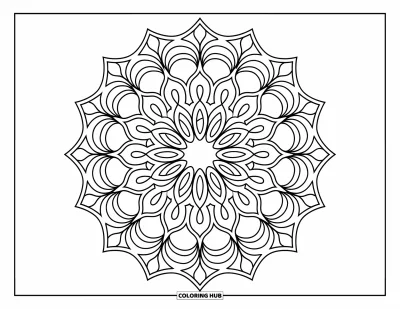 Dibujo de mandalas para colorear para adultos: Mandala concéntrico estilo encaje con bucles de pétalos y arcos elegantes