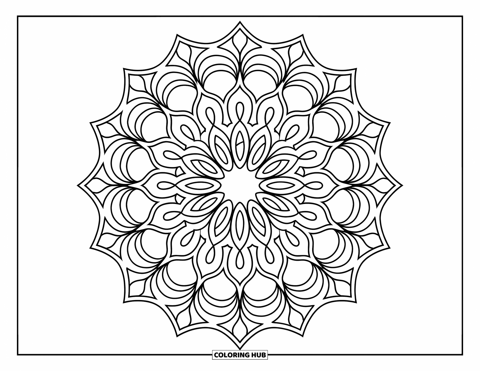 Mandala Coloring Page for Adults: Concentric lace-style mandala with petal loops and graceful arches