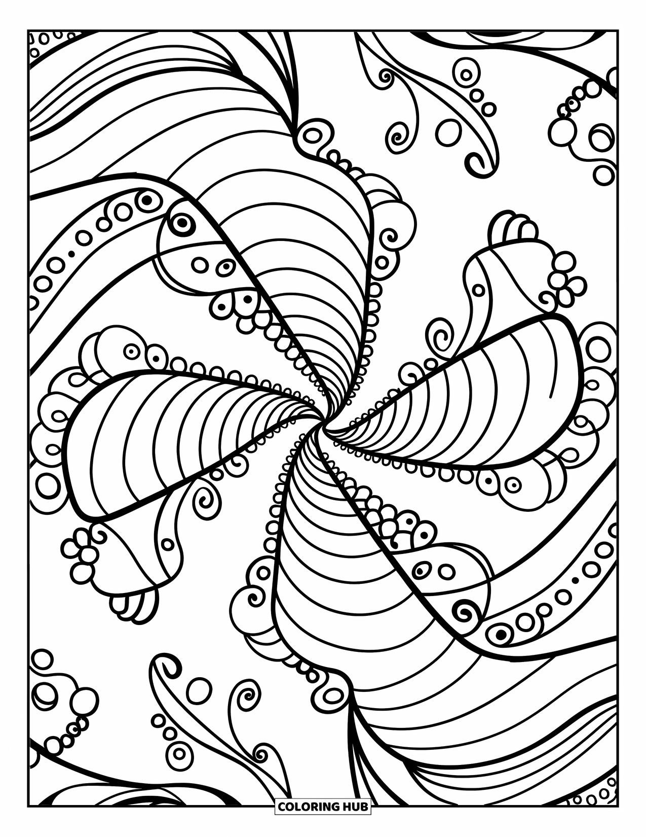 Mandala Coloring Page for Adults: Curved wave patterns with swirls and dots forming a playful circle