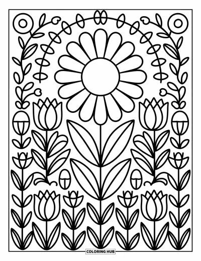 Dibujo de mandalas para colorear para adultos: Margarita rodeada de rosas, tulipanes, enredaderas y capullos en círculos suaves y repetidos