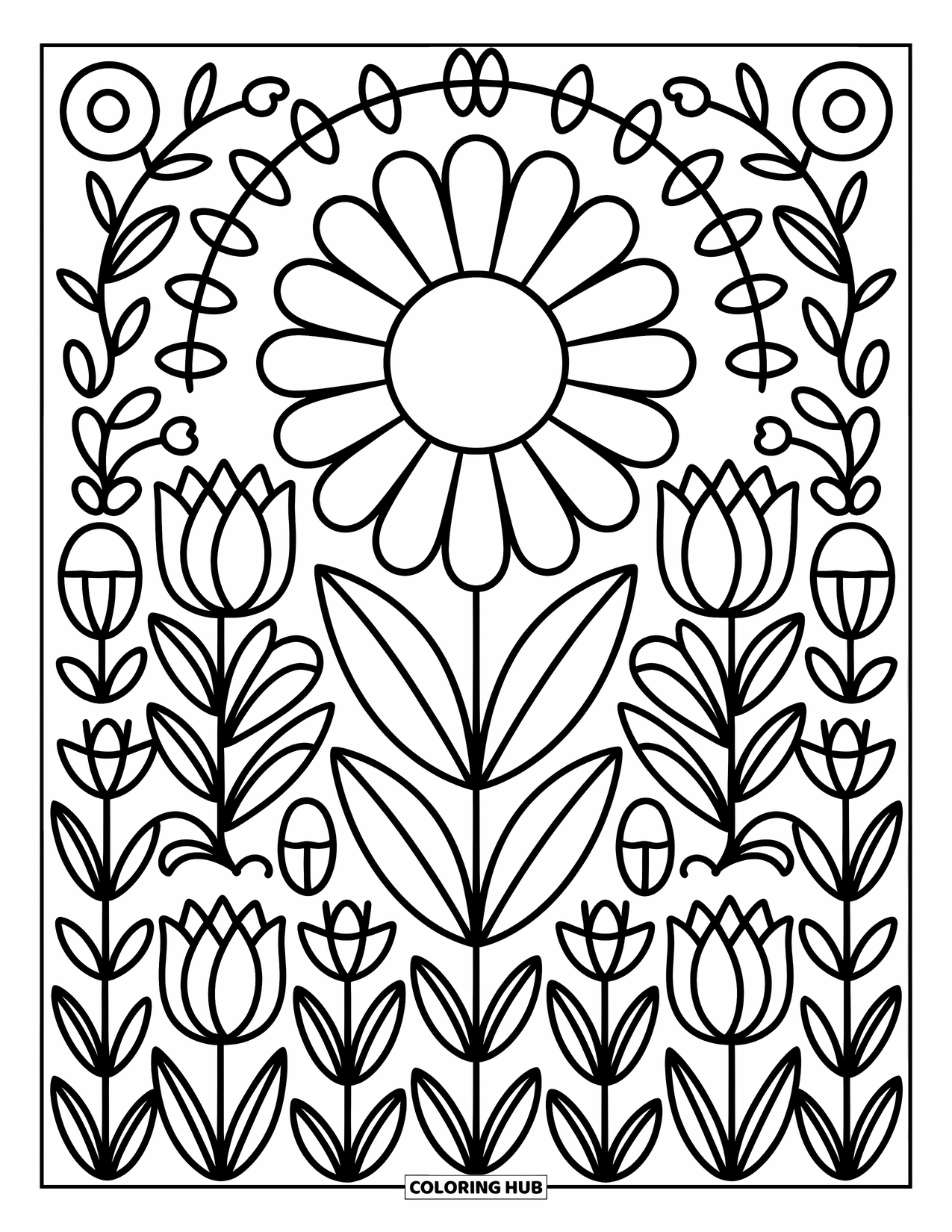 Mandala Coloring Page for Adults: Daisy surrounded by roses, tulips, vines, and buds in soft, repeating circles