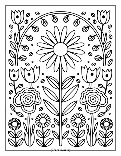 Dibujo de mandalas para colorear para adultos: Margarita con capas de girasol y tulipán, entrelazada con tallos finos y enredaderas curvadas