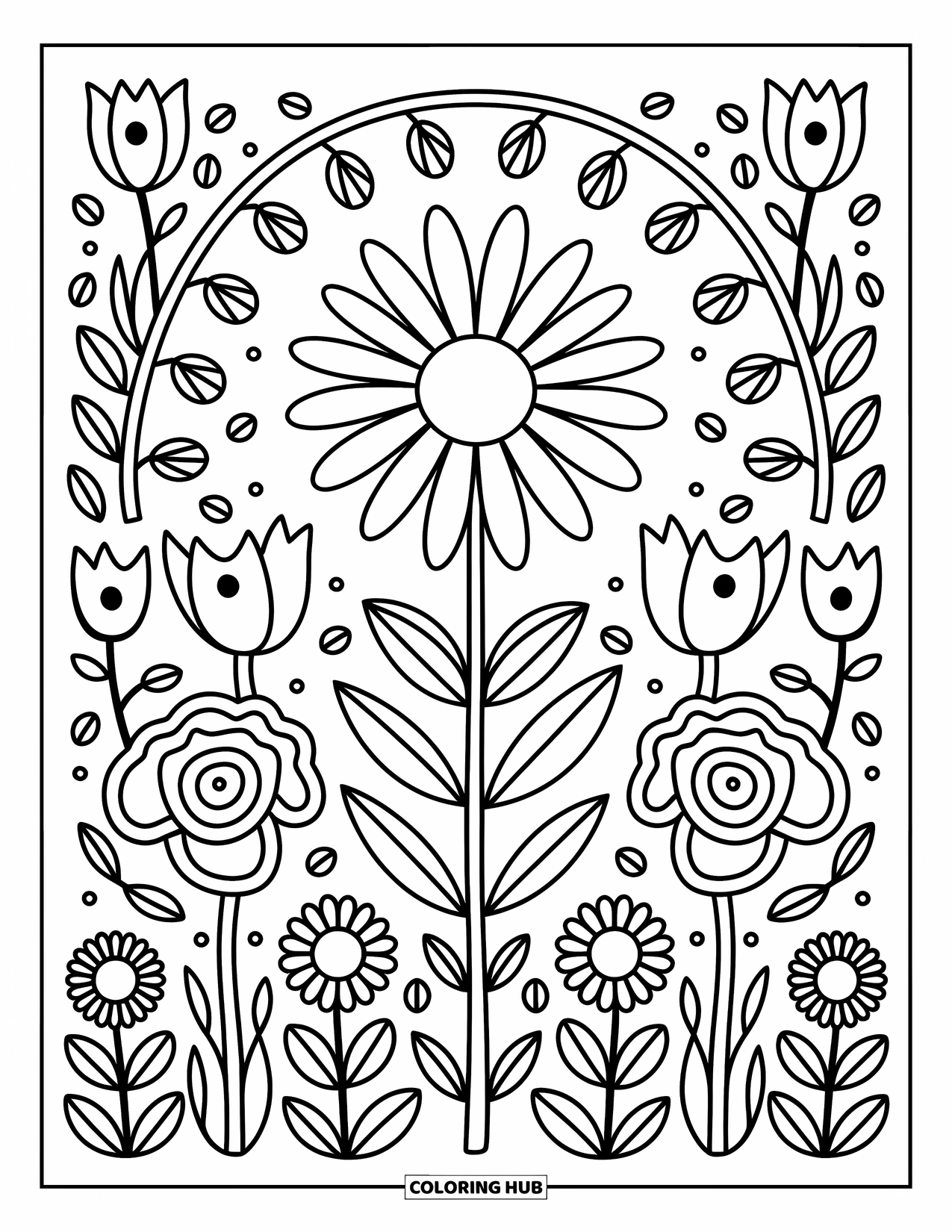 Mandala Coloring Page for Adults: Daisy with sunflower and tulip layers, woven with tiny stems and curling vines