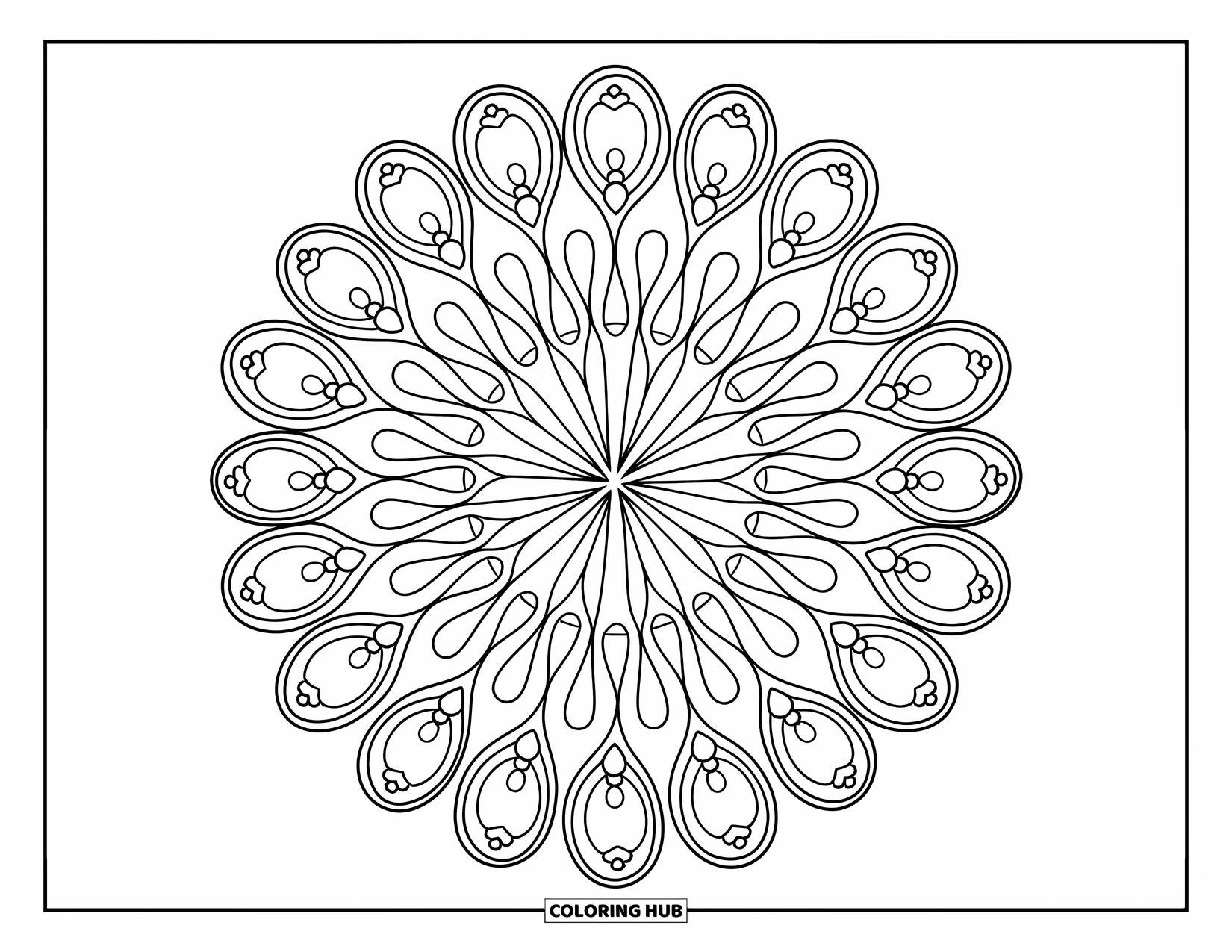 Mandala Coloring Page for Adults: Detailed floral mandala with a decorative border and elegant petal patterns