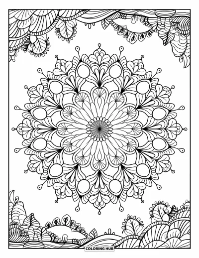 Dibujo de mandalas para colorear para adultos: Mandala floral detallado con elementos de paisaje como montañas y agua