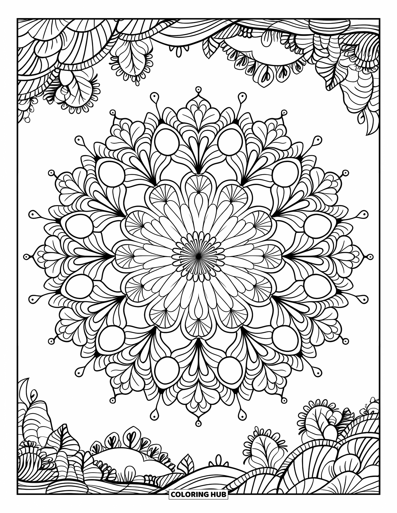 Mandala Coloring Page for Adults: Detailed floral mandala with landscape elements like mountains and water