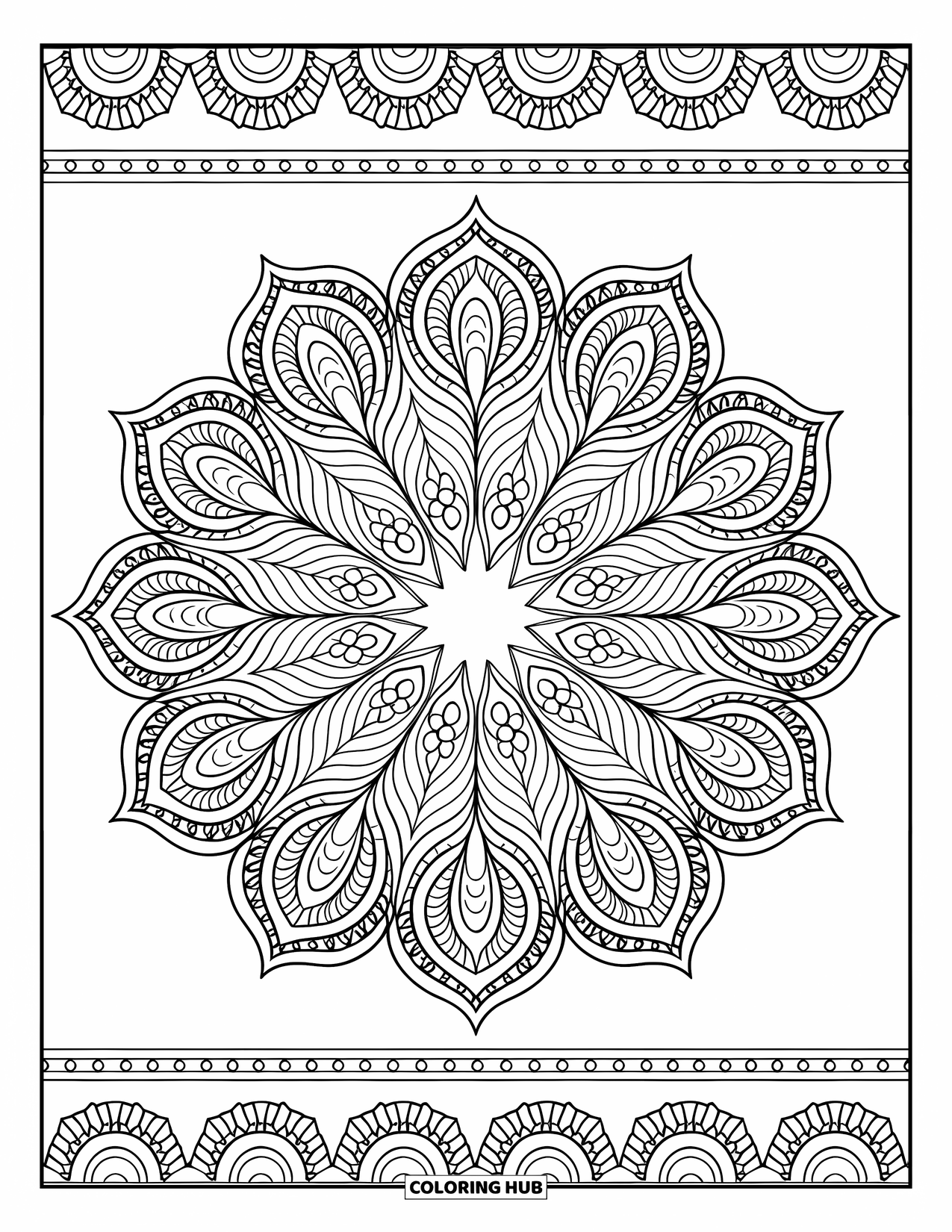 Mandala Coloring Page for Adults: Detailed mandala with alternating paisley, leaf, and teardrop shapes in rings
