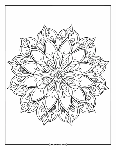 Dibujo de mandalas para colorear para adultos: Mandala detallado con pétalos, rizos de filigrana y bandas circulares