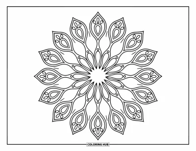 Dibujo de mandalas para colorear para adultos: Elegante mandala floral expansivo con formas ornamentales de gota
