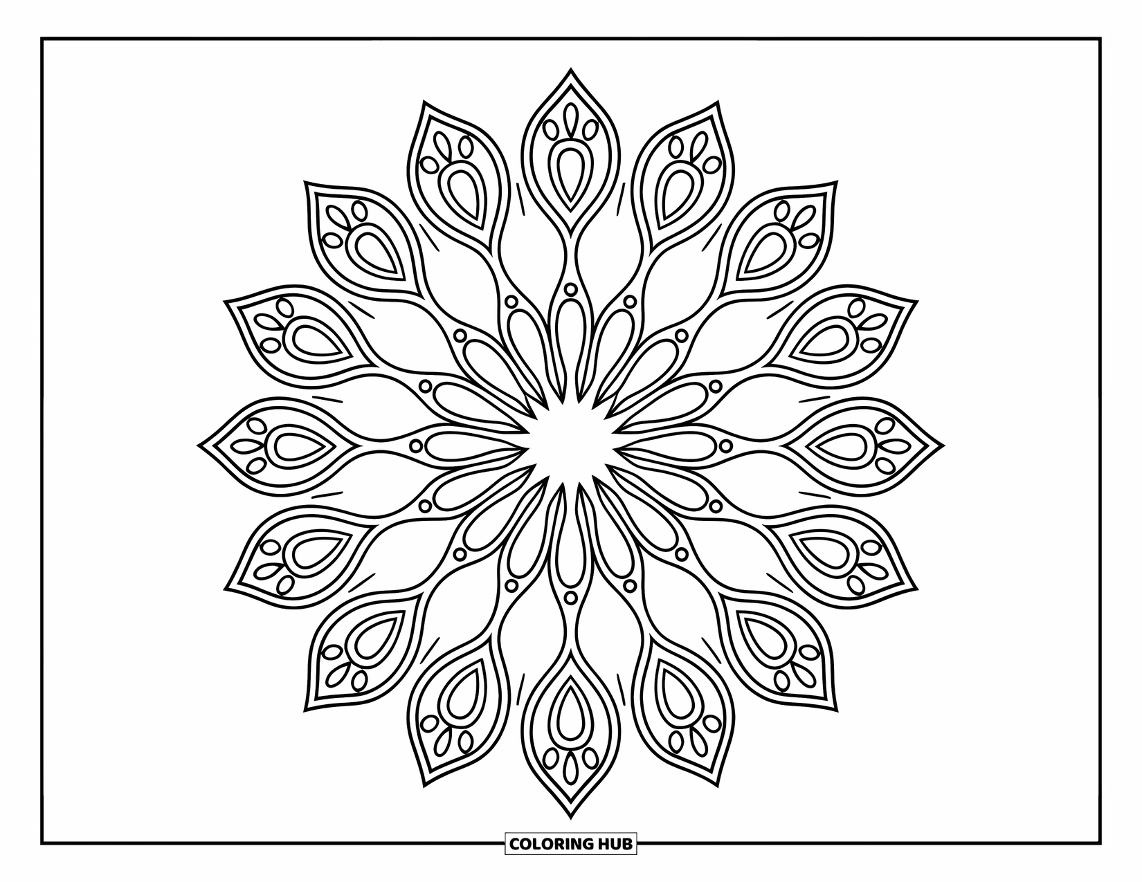 Mandala Coloring Page for Adults: Elegant floral burst mandala with ornamental teardrop shapes