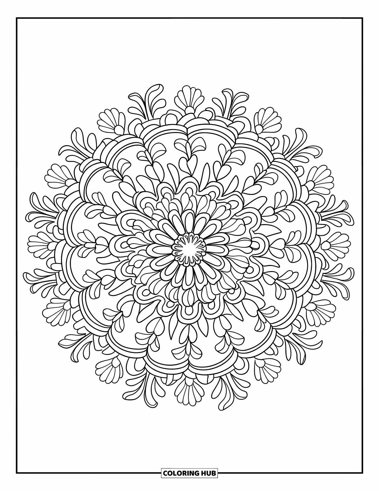 Mandala Coloring Page for Adults: Elegant floral mandala with petal rings and detailed linework