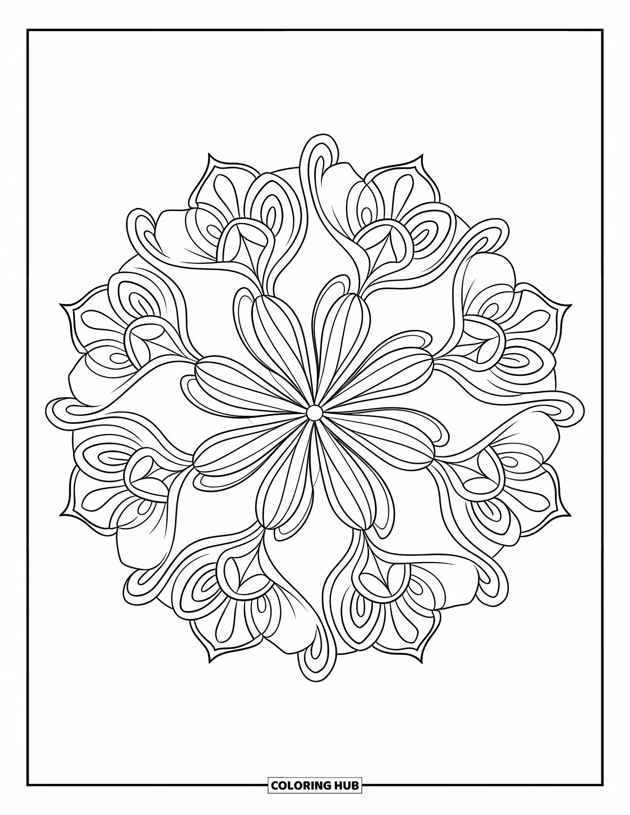 Mandala Coloring Page for Adults: Elegant mandala design with filigree lines and petal shapes