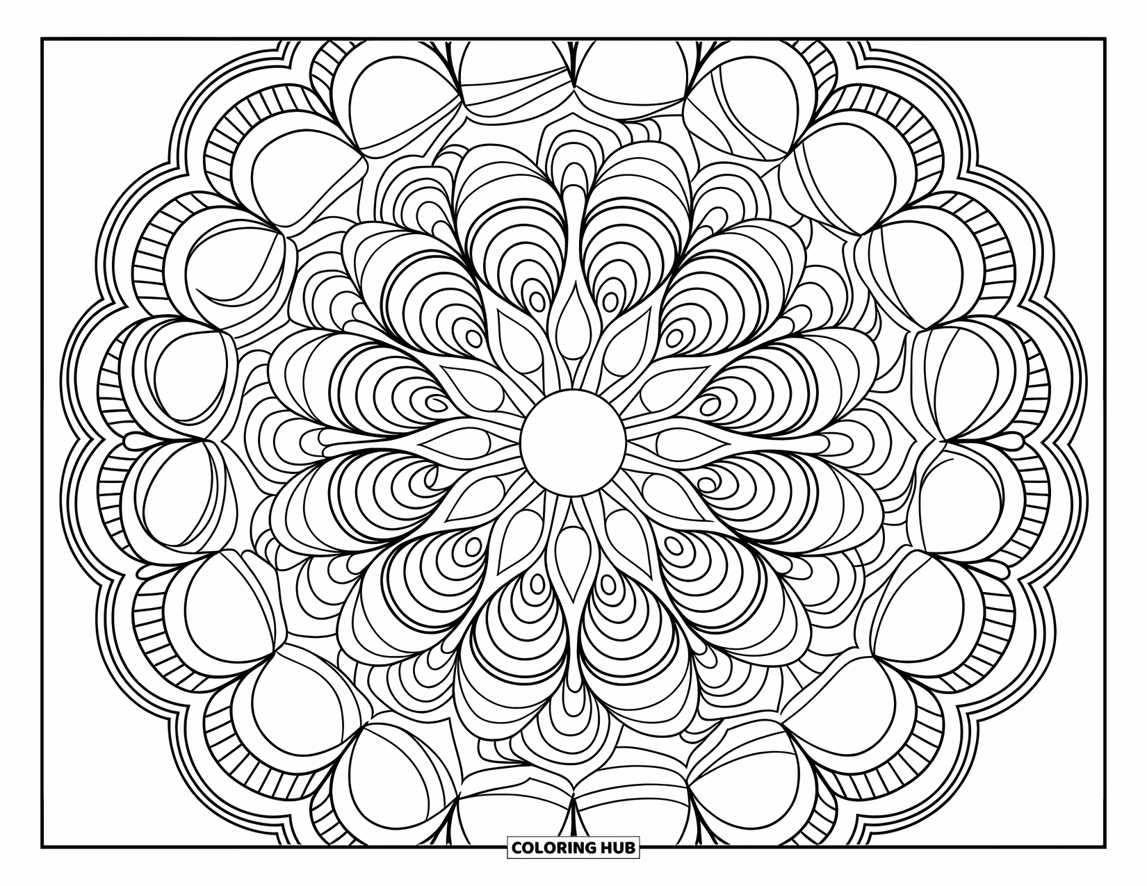 Mandala Coloring Page for Adults: Elegant mandala made of arches, lace loops, and delicate petals