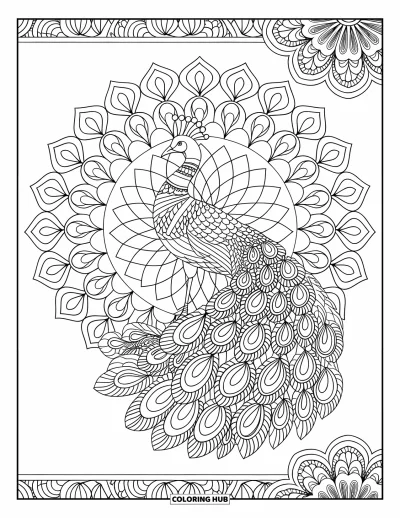 Dibujo de mandalas para colorear para adultos: Elegante mandala de pavo real con diseños florales en capas y bordes