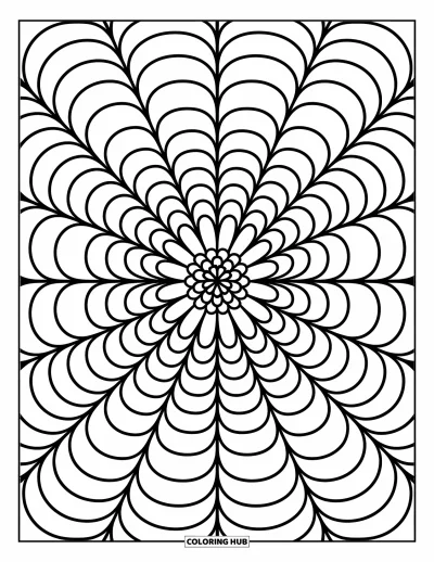 Dibujo de mandalas para colorear para adultos: Núcleo floral con pétalos tiernos, grupos de puntos y hojitas en círculos
