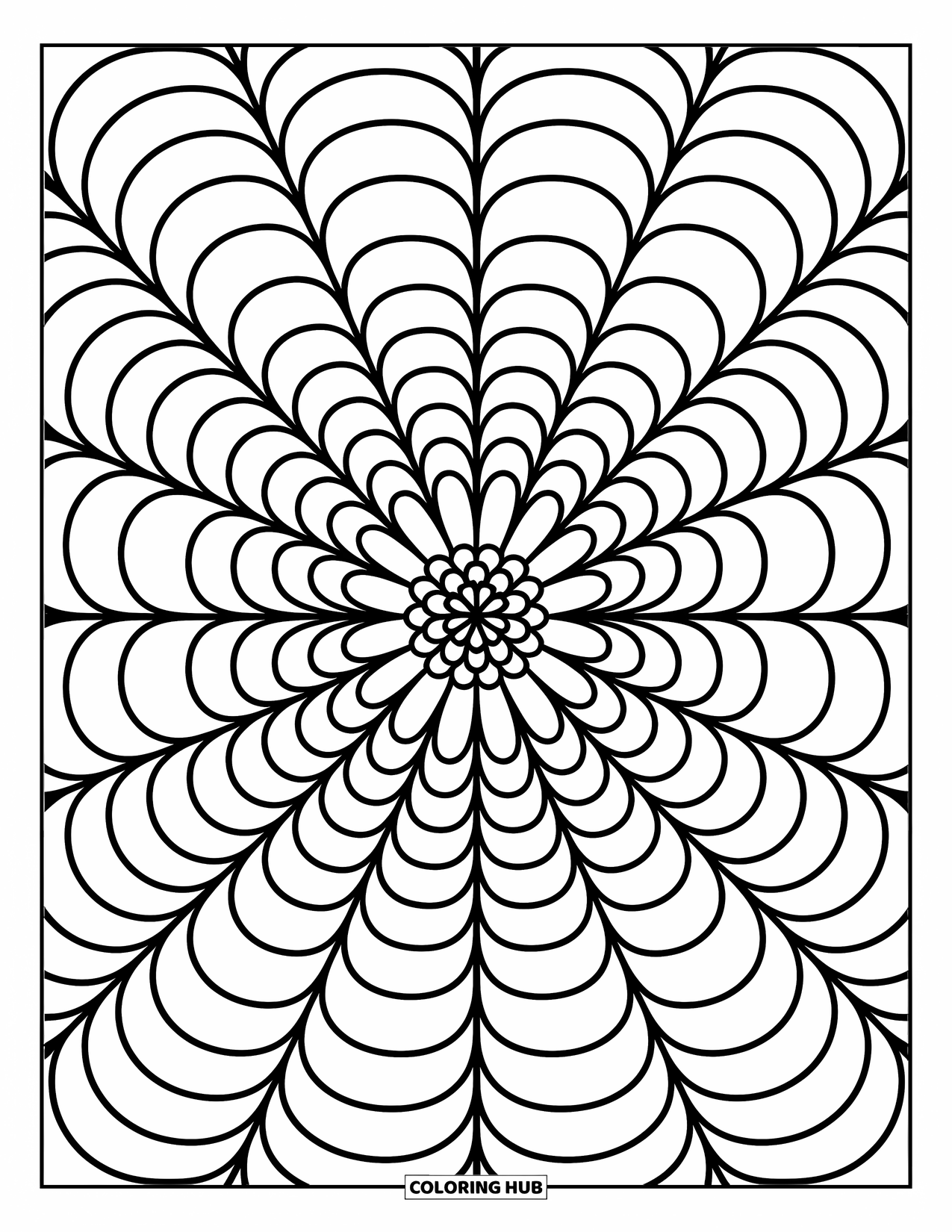 Mandala Coloring Page for Adults: Floral core with cute petals, dot clusters, and tiny leaves in circles