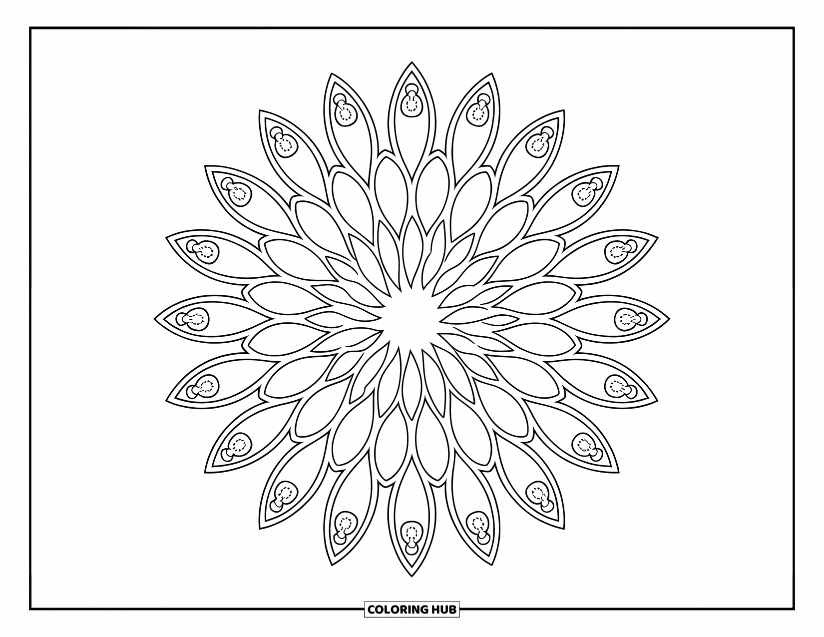 Mandala Coloring Page for Adults: Floral mandala bursting with teardrop petals filled with tiny ornamental details