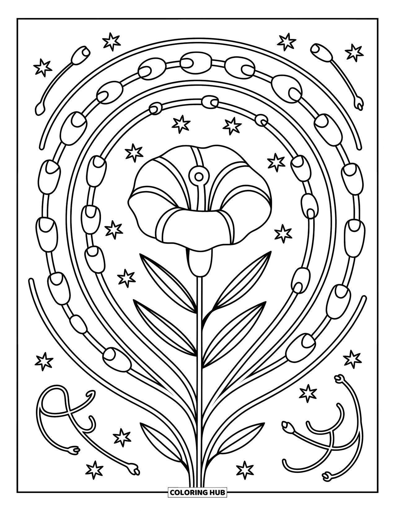 Mandala Coloring Page for Adults: Floral mandala with morning glories, tiny stars, and whimsical vine details