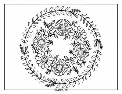 Dibujo de mandalas para colorear para adultos: Corona floral con cintas, bayas y flores suaves en un círculo festivo