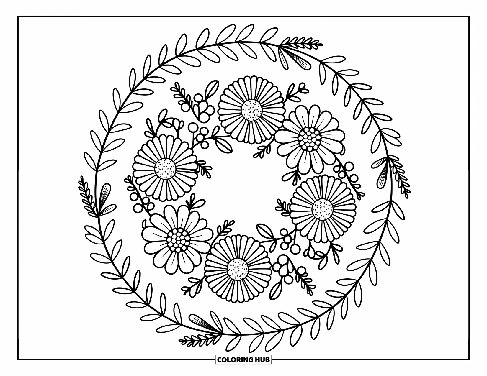 Mandala Coloring Page for Adults: Floral wreath with ribbons, berries, and soft flowers in a festive circle