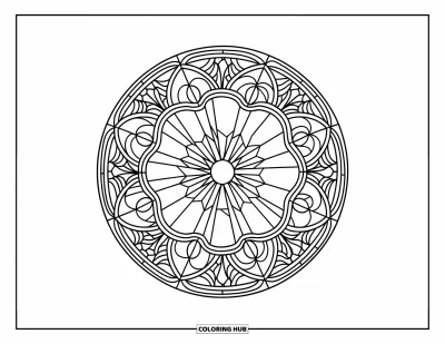 Dibujo de mandalas para colorear para adultos: Mandala geométrico inspirado en rosetones con secciones radiales detalladas