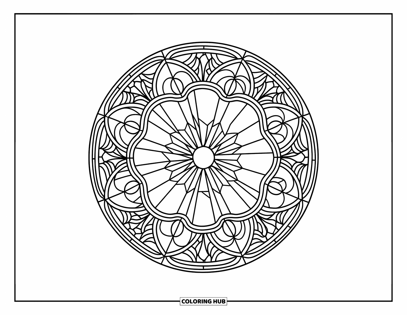 Mandala Coloring Page for Adults: Geometric mandala inspired by rose windows with detailed radial sections