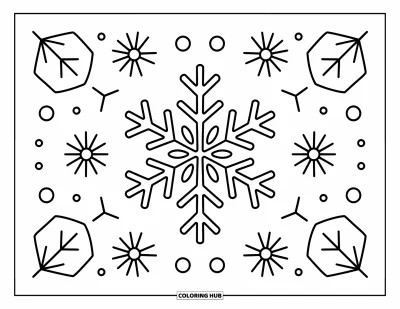 Dibujo de mandalas para colorear para adultos: Copo de nieve geométrico con puntos delicados y suaves espirales invernales