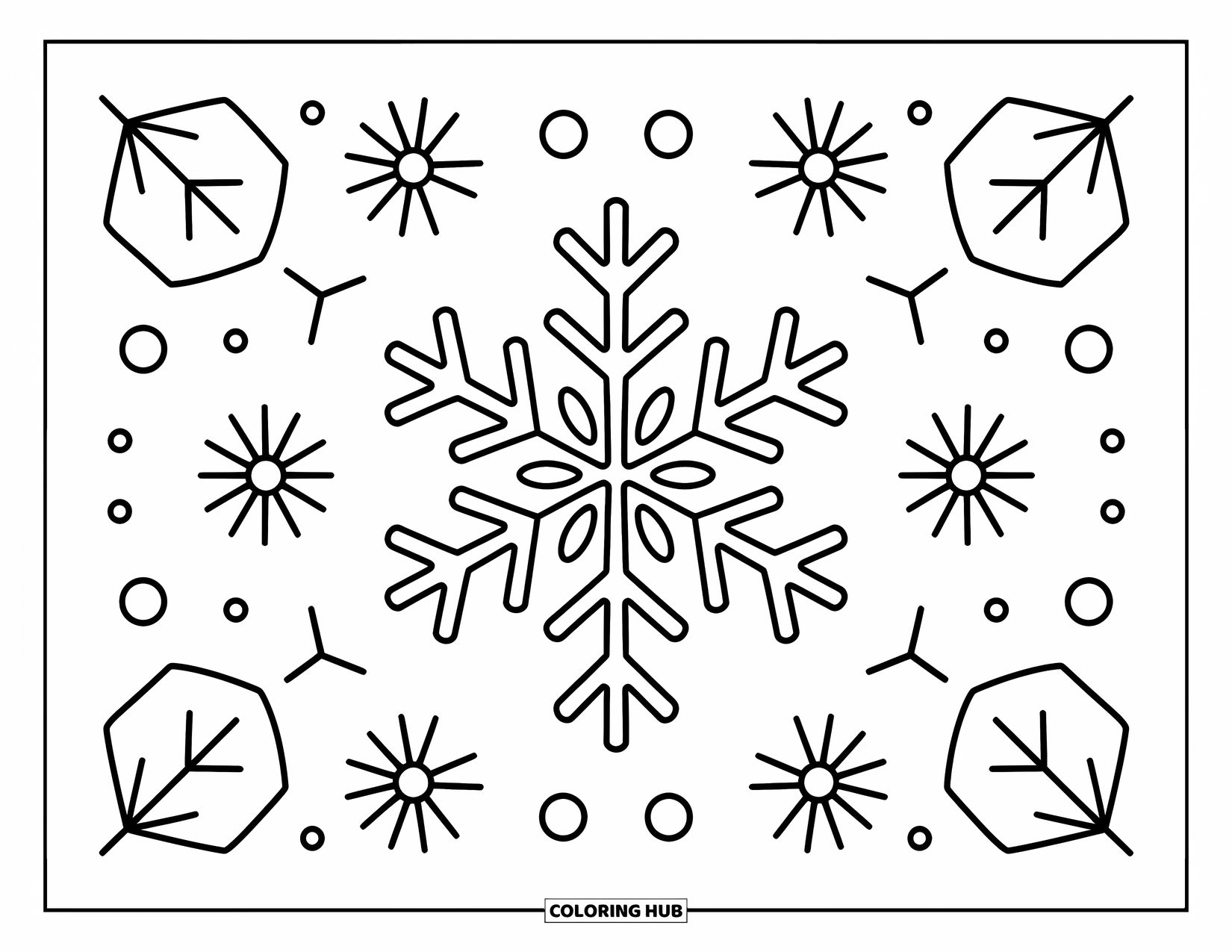 Mandala Coloring Page for Adults: Geometric snowflake with soft flake dots and gentle wintery swirls