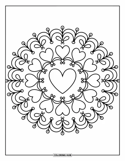 Dibujo de mandalas para colorear para adultos: Corazón en el centro rodeado de lazos, flores y formas onduladas