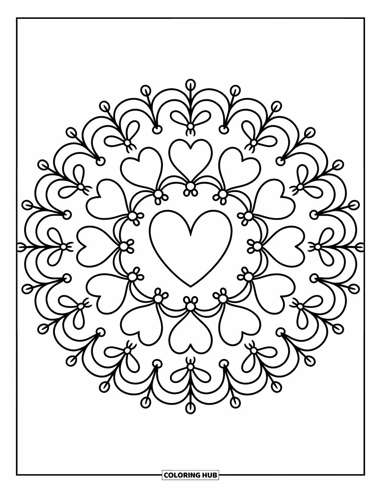 Mandala Coloring Page for Adults: Heart in the center surrounded by bows, flowers, and scalloped shapes