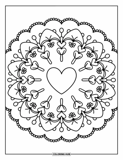 Dibujo de mandalas para colorear para adultos: Corazón de contornos suaves, flores y espirales en un mandala cálido