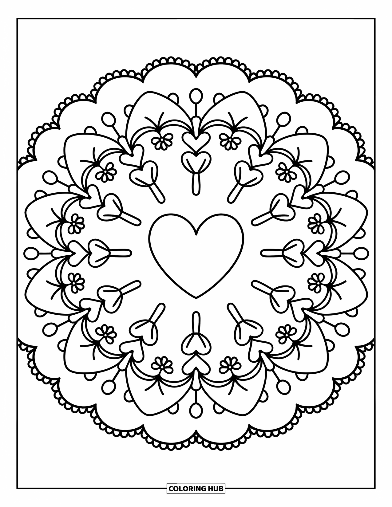 Mandala Coloring Page for Adults: Heart with soft outlines, flowers, and swirls in a cozy mandala
