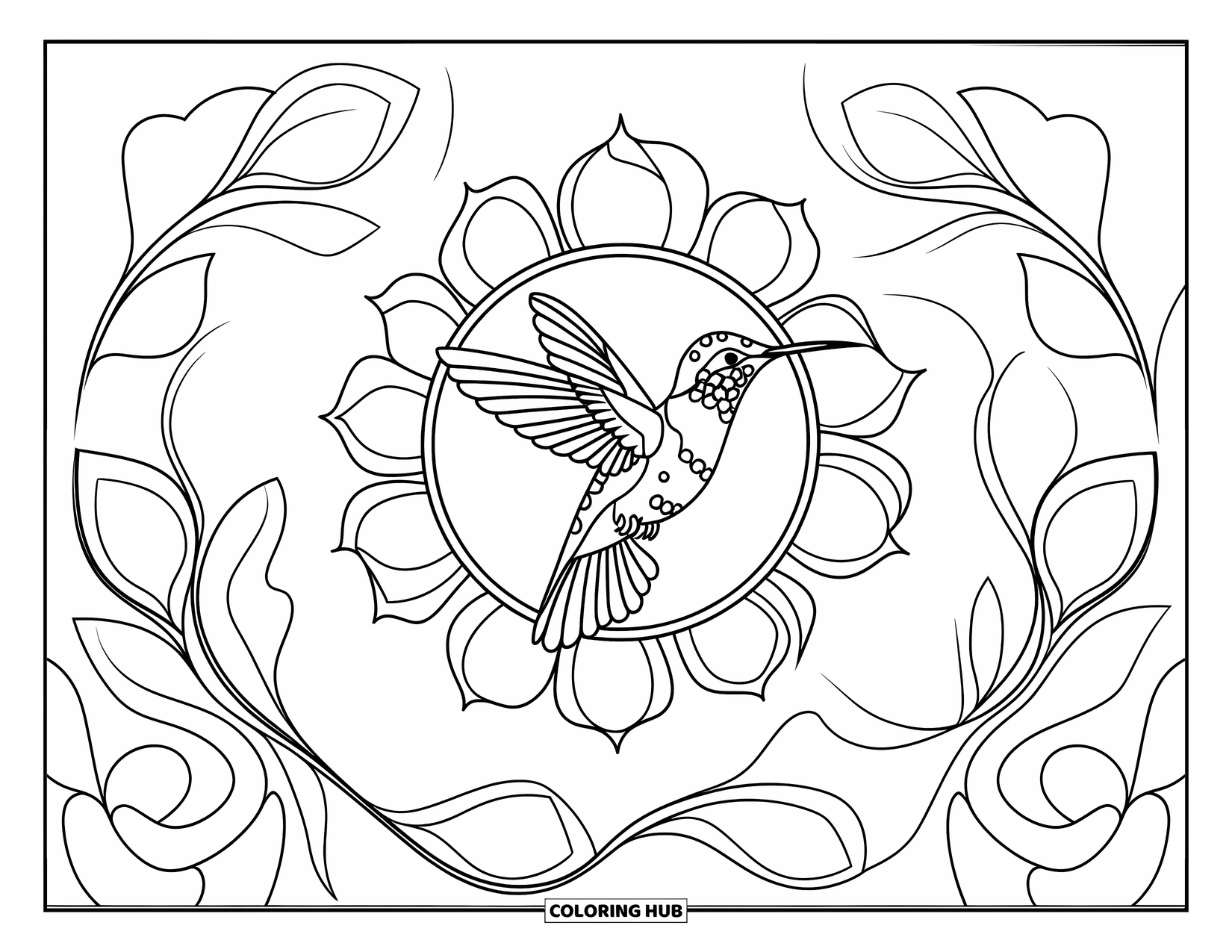 Mandala Coloring Page for Adults: Hummingbird flying among swirling petals and leaf mandala shapes