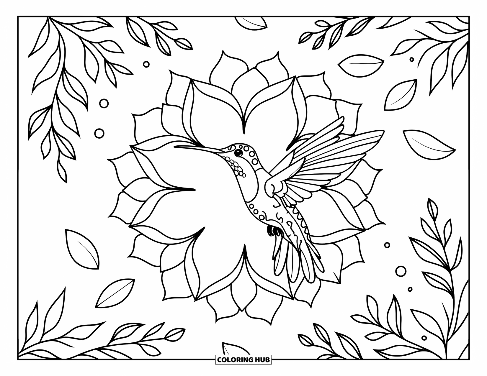 Mandala Coloring Page for Adults: Hummingbird soaring toward a floral mandala with surrounding leaves