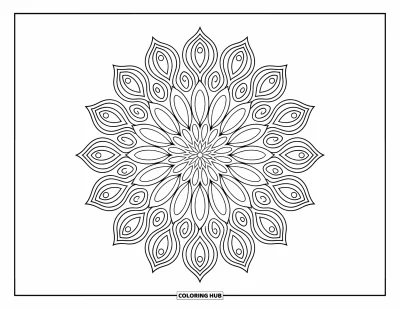 Dibujo de mandalas para colorear para adultos: Mandala floral intrincado con pétalos en forma de gota y diseños ornamentales