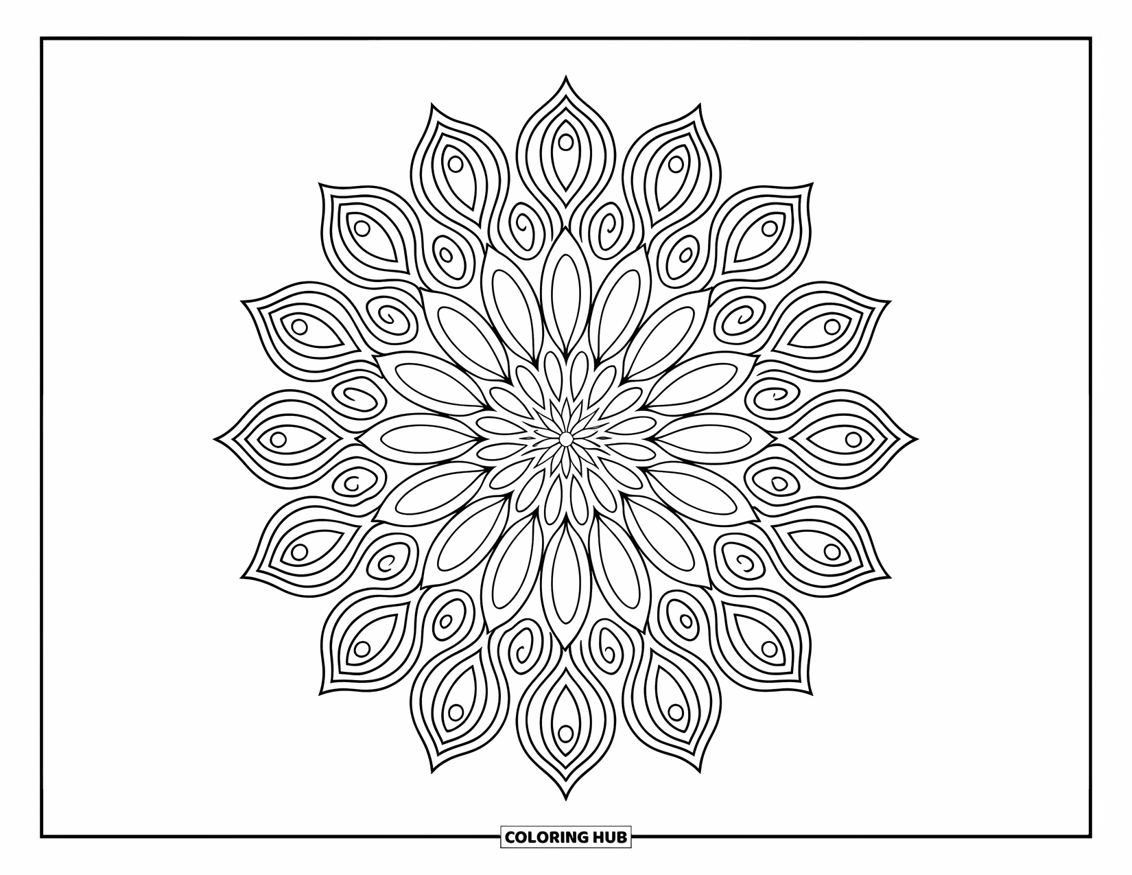 Mandala Coloring Page for Adults: Intricate floral mandala with teardrop petals and ornamental designs
