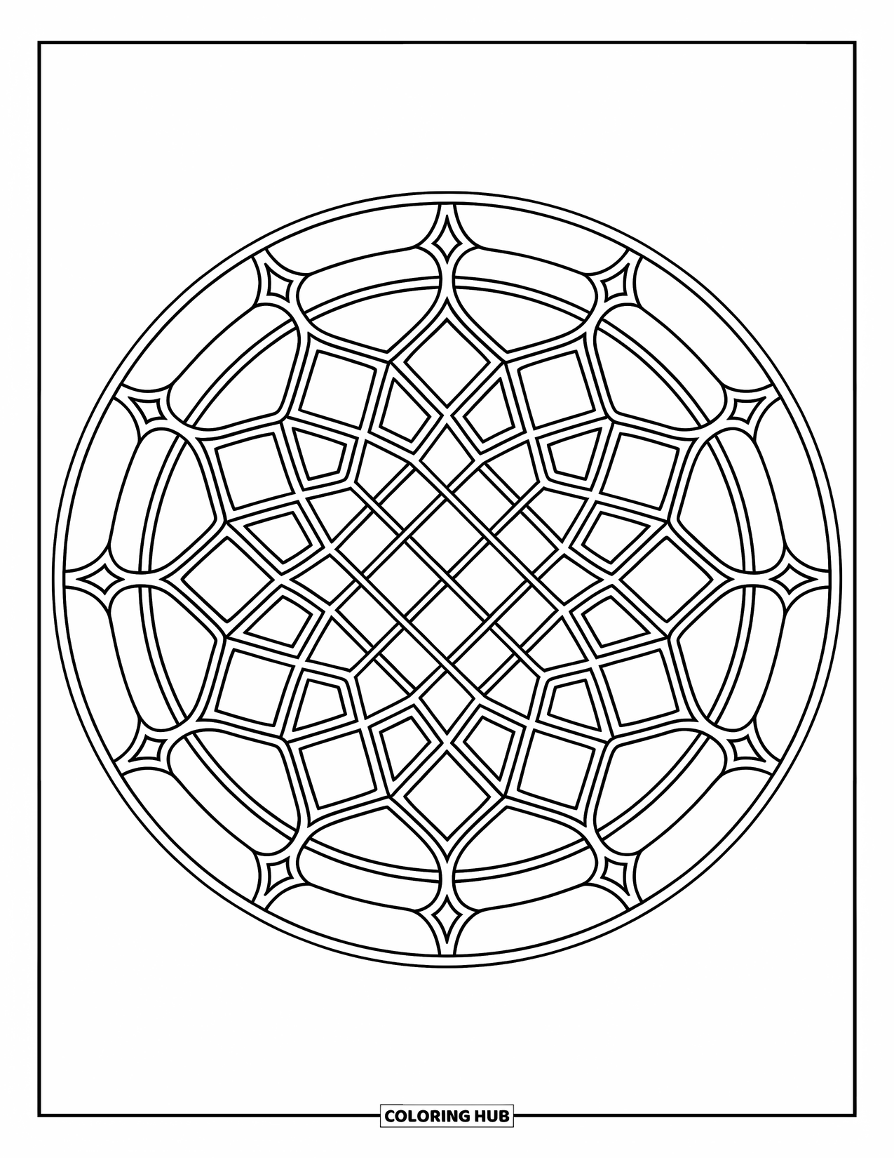 Mandala Coloring Page for Adults: Intricate mandala with lattice details and flowing arches