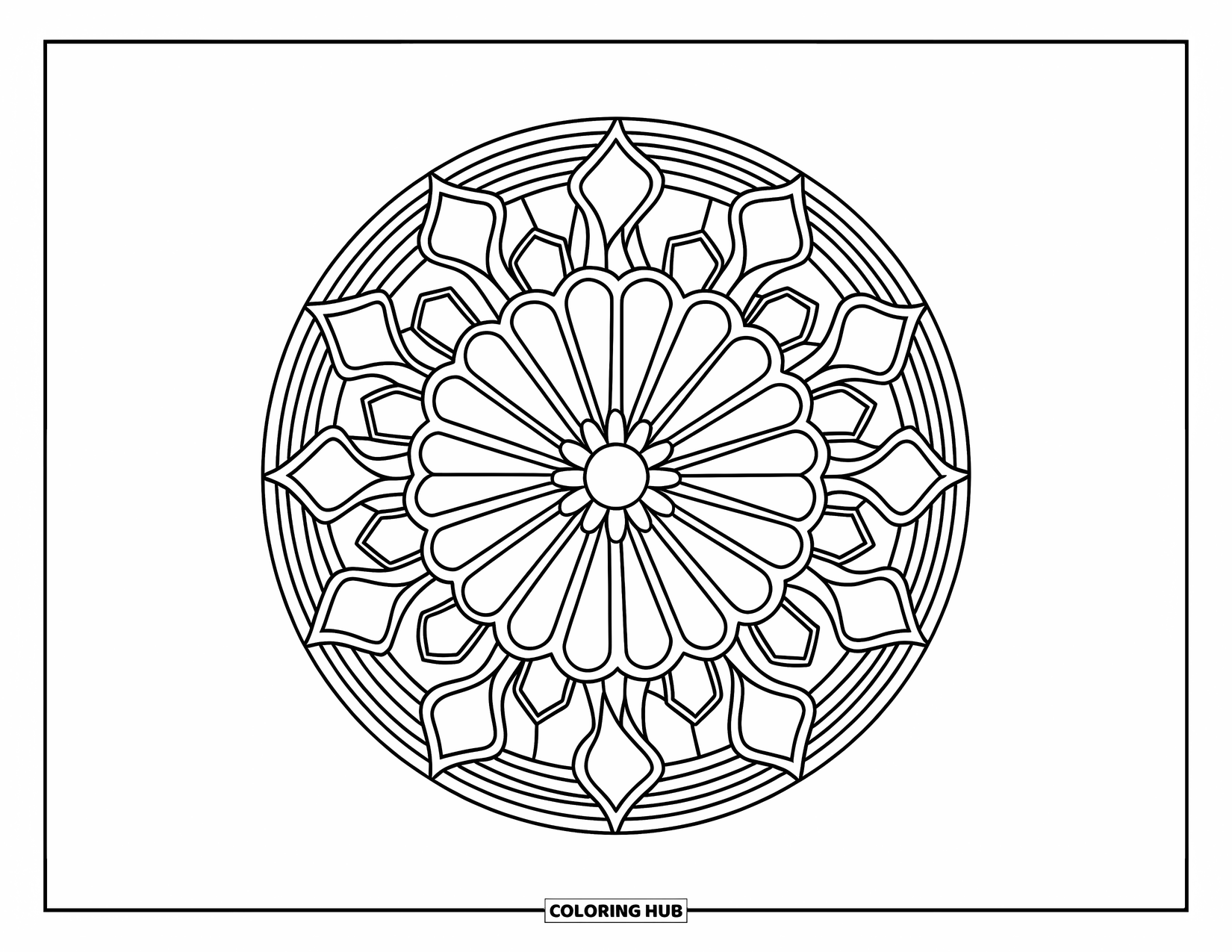 Mandala Coloring Page for Adults: Intricate mandala with stained glass-inspired radial segments