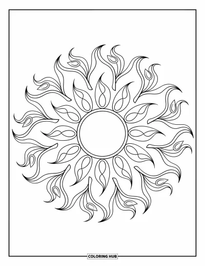 Dibujo de mandalas para colorear para adultos: Mandala de sol intrincado con formas de llamas repetidas y enredaderas en espiral