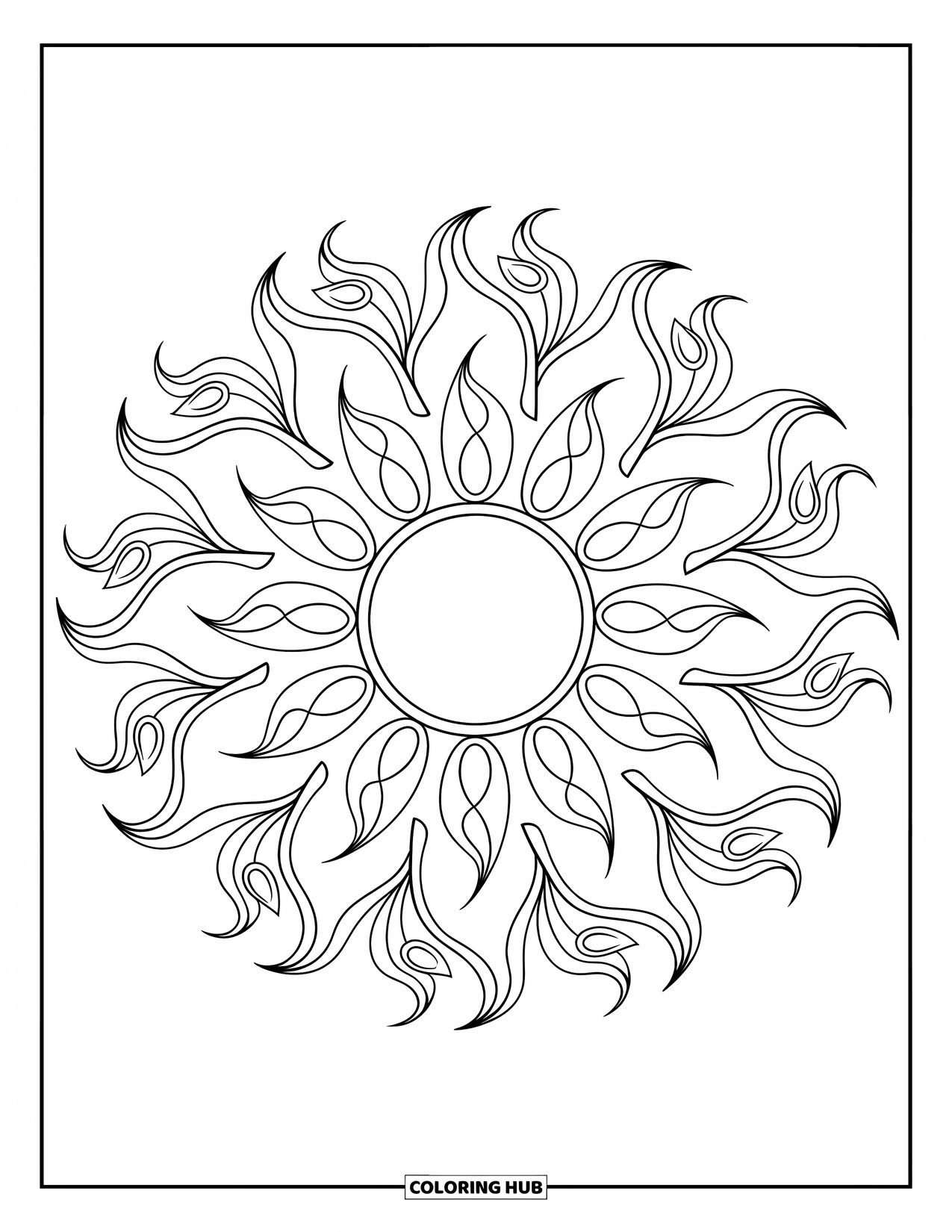 Mandala Coloring Page for Adults: Intricate sun mandala with repeating flame shapes and swirling vines