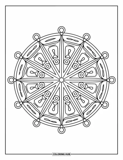 Dibujo de mandalas para colorear para adultos: Mandala de rueda intrincado con divisiones decorativas y contornos definidos